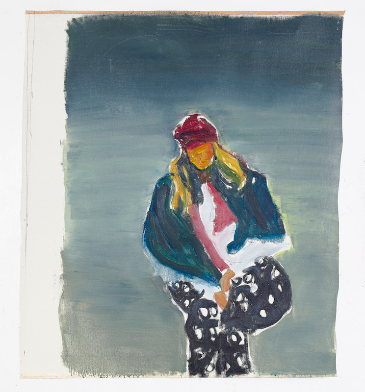 Damien Cabanes : Damien Cabanes, Sandra assise sur fond gris dégradé Huile sur toile, 2021 222 x 192 cm, © Courtesy Galerie Eric Dupont, Paris.